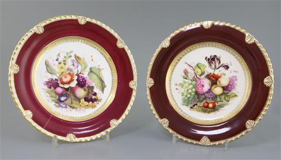 A rare and early pair of Rockingham porcelain cabinet plates, c.1826, D. 23cm, one cracked
